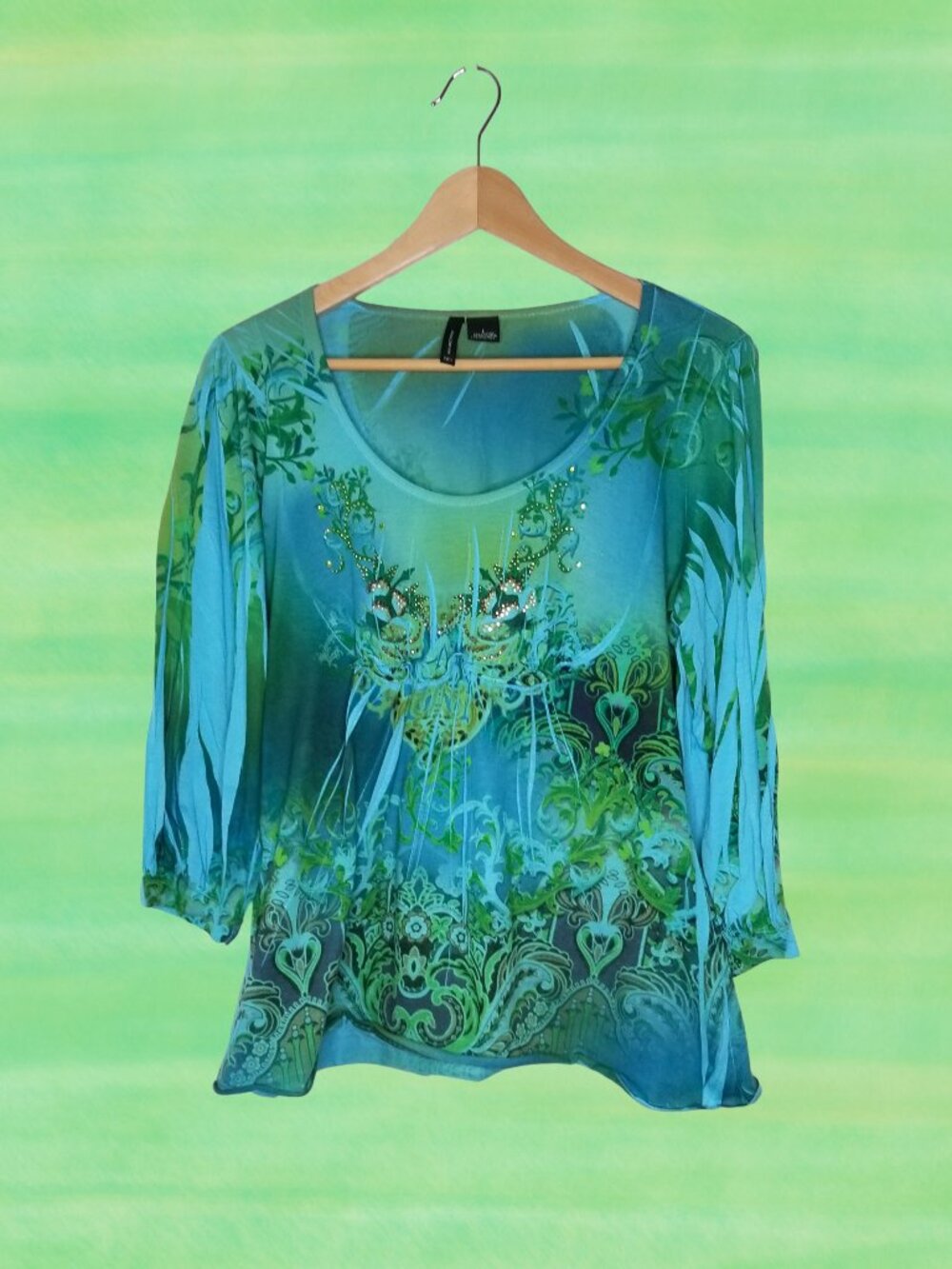 New Directions Vibrant Abstract Blue/Green Tunic Top w Rhinestones, Large